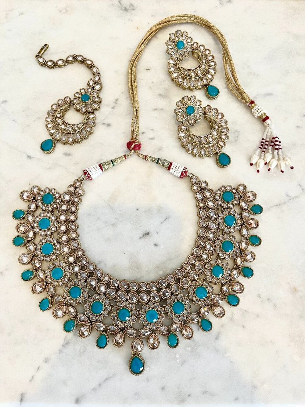 Teal Indian Jewelry Set with Necklace, Earrings & Forehead Tikka